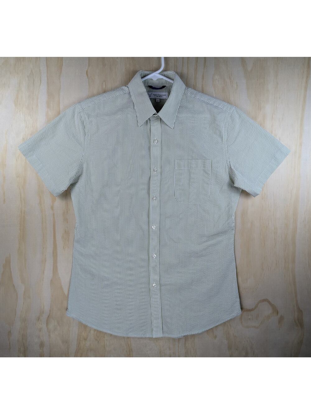 Teddy Stratford Men's Medium Zip Fit Shirt Green White Seersucker Soktas Cotton